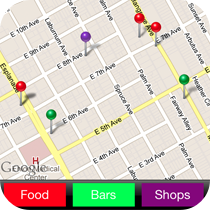 Create an app function that displays any points of interest on a map and categorize them however you’d like.
